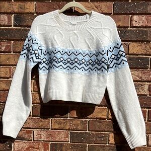 Women's White and Blue Patterned Sweater
NWOT